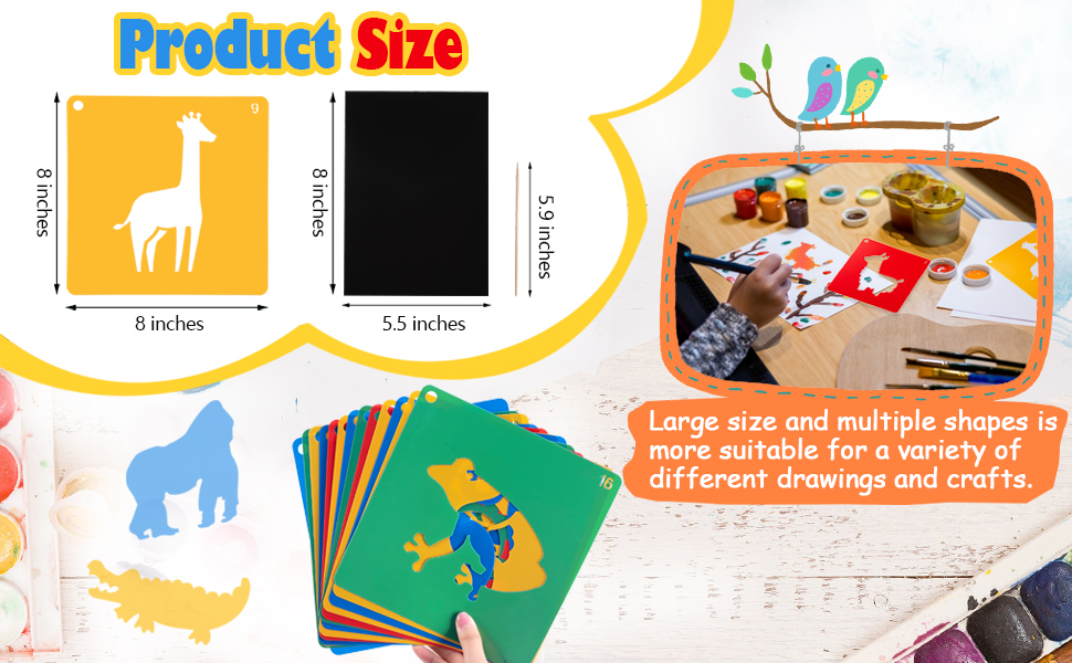 20 PCS Animal Stencils for Kids, 8 x 8 Inch ViikiFain Sidewalk Chalk  Stencils Colorful Drawing Stencils with 5 Pcs Scratch Paper Reusable DIY  Crafts